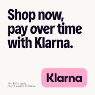 A graphic with a white background and word stating Shop now, pay over time with Klarna in black letters